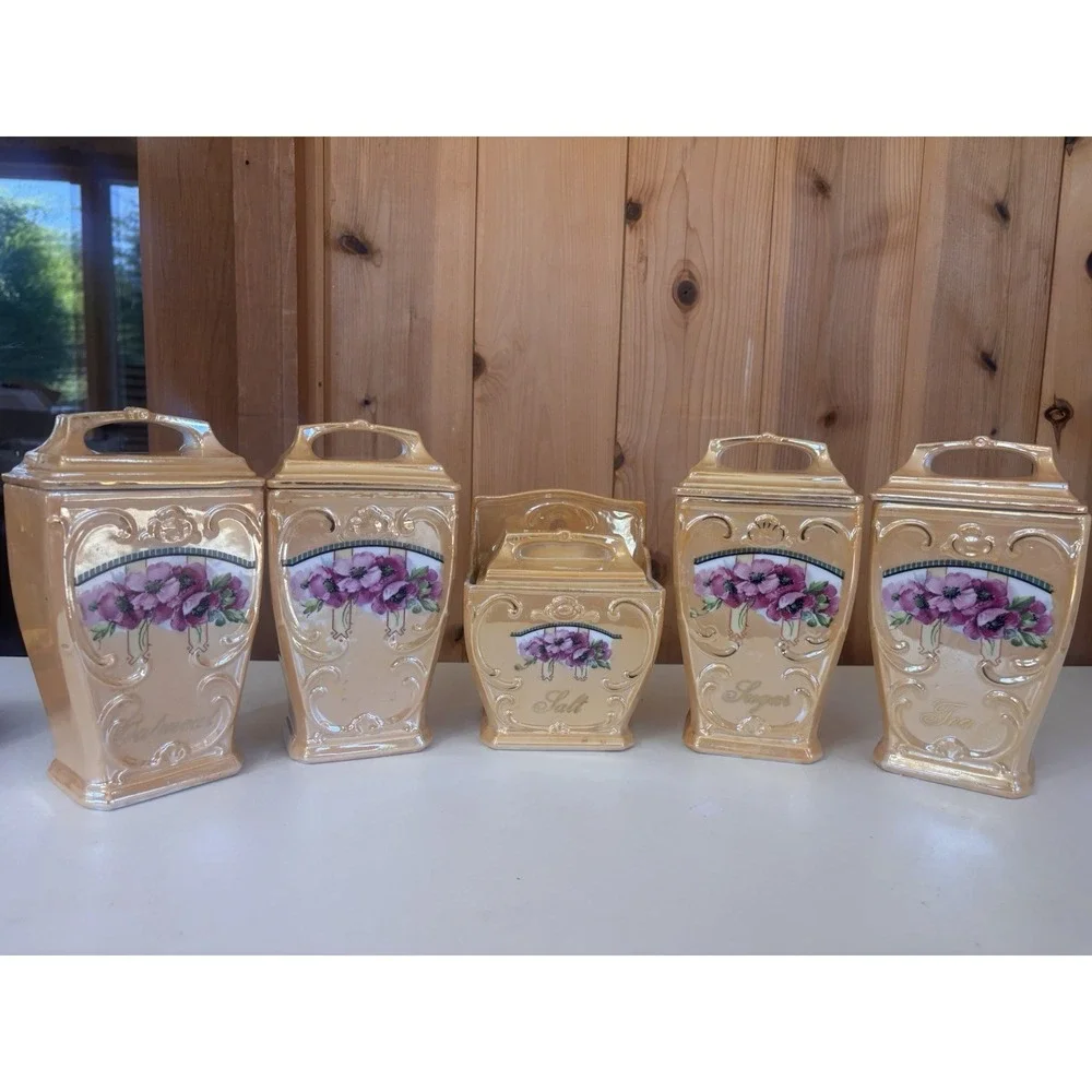 Vintage MEPOCO Germany Lusterware Canister Set Oatmeal Coffee Tea Sugar Salt